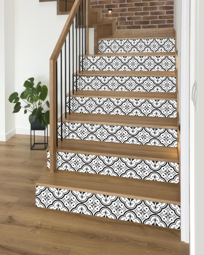 FLFK Stair Riser Decals,Black Patterns Vinyl Sticker for Stairs Decoration,14Pcs 39.3"X7.08"