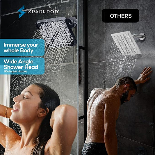 SparkPod Rain Shower Head, 8 Inch Square, Charcoal Grey Finish | High Pressure Shower Heads, 90 Nozzles, Adjustable Showerhead, No Tools Needed, Universal Connection