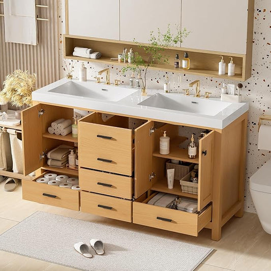 60 Inch Bathroom Vanity with Double SMC Resin Sink, 60 Double Sink Bathroom Vanity, Bathroom Vanity 60" Double Sink with Soft-Close Doors and Drawers, 4 Doors, 5 Drawers, Adjustable Shelves (Wood)