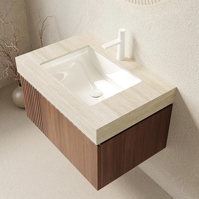 KEIKI 30 Inch Floating Bathroom Vanity with Sink, Modern Wall Mounted Storage Cabinet with Drawer, Pre-assembled Waterproof Wood Panels, Sintered Stone Top & Ceramic Basin Combo Set, Brown Oak & Beige
