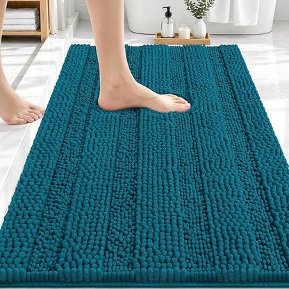 OLANLY Thick Bathroom Rugs 30x20, Chenille Striped Bath Rugs, Peacock Blue | Rubber Backing, Machine Wash, Extra Soft Absorbent Bath Mats for Bathroom Floor, Tub and Shower, Home Decor Accessories