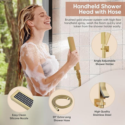 Brushed Gold Shower System, All Metal Gold Shower Faucet Set with Tub Spout, 10'' Gold Shower Head with Handheld, 59'' Shower Hose, Shower Valve and Diverter, Wall Mounted Bath Tub Faucet Set