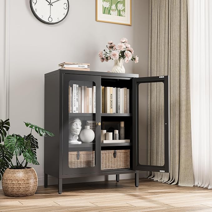 Small Display Cabinet with Glass Doors, 12" Deep Small Curio Showcase with Two Glass Doors, 23.6" Wide Metal Floor Storage Cabinet for Collectibles Books China for Entryway, Home Office, Living Room