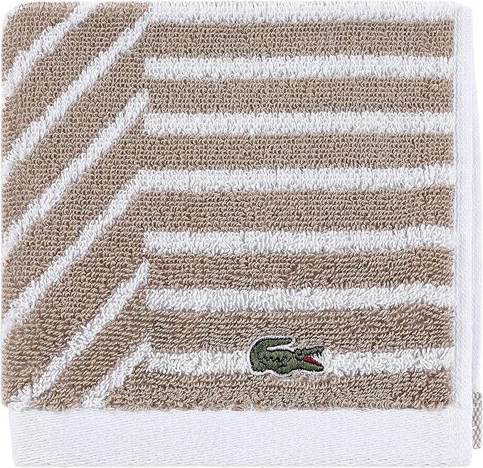 Lacoste Guethary Striped Towel – 100% Cotton, Reversible Modern Geometric Design, Soft & Absorbent, Durable & Lightweight, Machine Washable – Sand, 13"x13" Washcloth