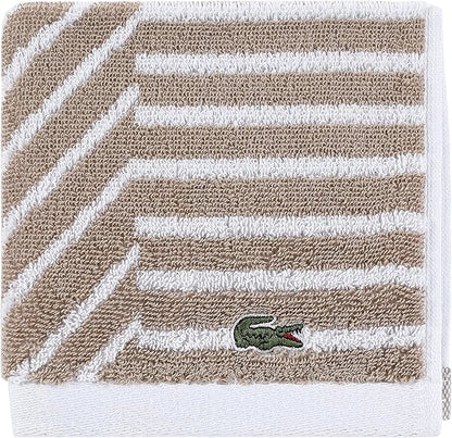 Lacoste Guethary Striped Towel – 100% Cotton, Reversible Modern Geometric Design, Soft & Absorbent, Durable & Lightweight, Machine Washable – Sand, 13"x13" Washcloth