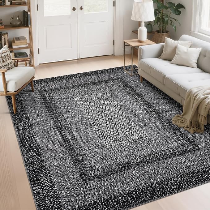 Imitation Braided Collection-Print Washable Area Rug 4x6 Modern Entryway Rug with Non Slip Rubber Backing, Farmhouse Soft Low Pile Rustic Accent Rug for Living Room Bedroom Dining Room
