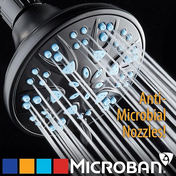 AquaDance Antimicrobial – Anti-Clog High-Pressure 6-Setting Head with Microban Nozzle Protection from Growth of Mold, Mildew & Bacteria for Stronger Shower 4", Aqua Blue Jets – 1.8 GPM