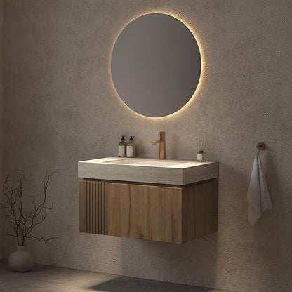Ambrovina 30 inch Bathroom Vanity with Sink, Wall Mounted Storage Vanities with Drawer and Door, Roma Travertine-Pattern Countertop and Ceramic Basin, Pre-Assembled Cabinet, Light Wooden Color