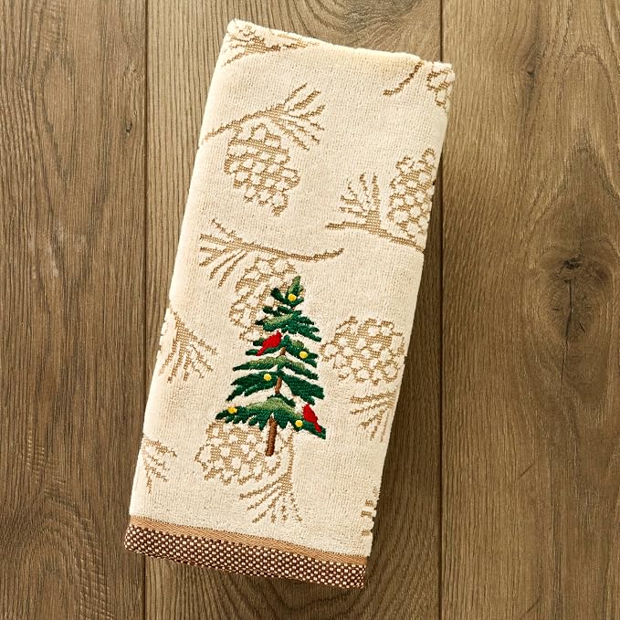 SKL Home Christmas/Winter Seasonal Fir Hand Towel Set-2pc, Wheat | 100% Cotton. Soft & absorbent pinecone jacquard with embroidery. Great for the bathroom, kitchen or bar & holiday gifting.