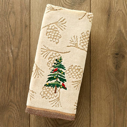 SKL Home Christmas/Winter Seasonal Fir Hand Towel Set-2pc, Wheat | 100% Cotton. Soft & absorbent pinecone jacquard with embroidery. Great for the bathroom, kitchen or bar & holiday gifting.
