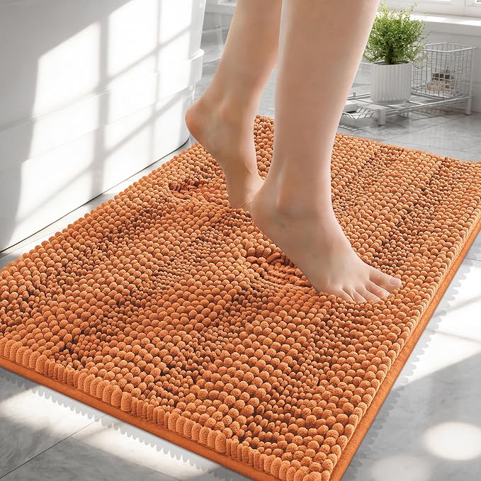 OLANLY Thick Small Bathroom Rugs 24x16, Soft Chenille Bath Rugs, Clay | Rubber Backing, Machine Wash, Extra Absorbent Striped Bath Mats for Bathroom Floor, Tub and Shower, Home Decor Accessories