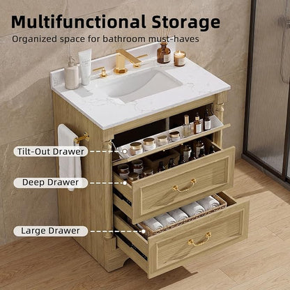 YESHOMY 30" Bathroom Vanity with Sink, Marble-Look Countertop, Natural Wood | Freestanding Storage Cabinet with Ceramic Basin, Tilt-Out Drawer and Additional Drawers for Bathroom