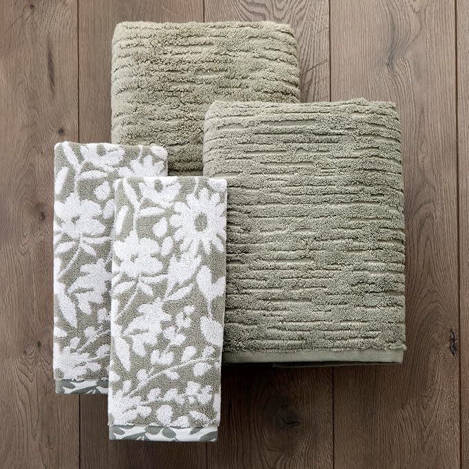 SKL Home CloudSoft/Bedford Floral Bath Towel Set-4pc, 100% Cotton, Sage | 2 Bath towels, 2 hand towels. 600 GSM weight. Spa-level quality. Soft & absorbent, reversible jacquard.