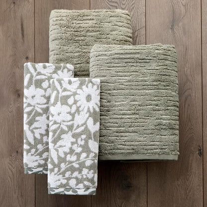 SKL Home CloudSoft/Bedford Floral Bath Towel Set-4pc, 100% Cotton, Sage | 2 Bath towels, 2 hand towels. 600 GSM weight. Spa-level quality. Soft & absorbent, reversible jacquard.