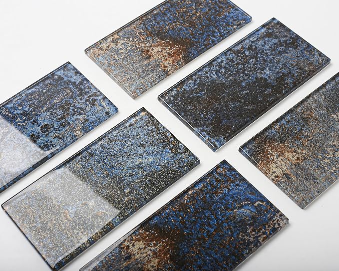 Glass Subway Tile 3x6 Inch Antique Blue Tiles for Kitchen Backsplash Bathroom Accent Wall Glass Mosaic Tile (Pack of 20)
