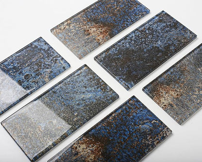 Glass Subway Tile 3x6 Inch Antique Blue Tiles for Kitchen Backsplash Bathroom Accent Wall Glass Mosaic Tile (Pack of 20)