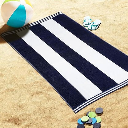 Superior Cotton Nautical Stripe Beach Towels, Colorful Towels for Adult, Kid, Pool, Swimming, Sand, Travel, Large Oversized, Absorbent, Fast Drying, Bath Basics, Cabana Collection, 1 Piece, Blue