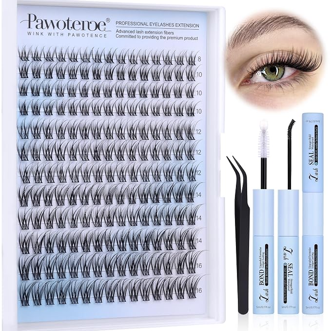 Lash Clusters Kit Wispy Lash Extension Kit Natural 180pcs Cluster Eyelash Extensions Kit Individual Lashes 8-16mm Eyelash Clusters Kit with Lash Cluster Bond Seal and Lash Tweezers