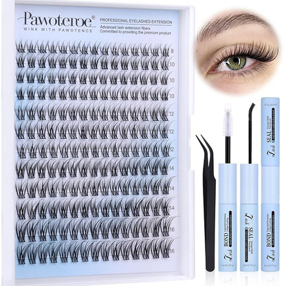 Lash Clusters Kit Wispy Lash Extension Kit Natural 180pcs Cluster Eyelash Extensions Kit Individual Lashes 8-16mm Eyelash Clusters Kit with Lash Cluster Bond Seal and Lash Tweezers