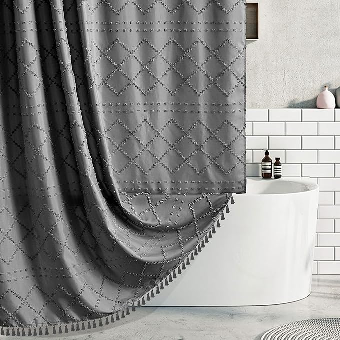 Boho Grey Shower Curtain Woven Fabric Shower Curtain 72 x 72 Tufted Chevron Striped Shabby Chic Textured, Modern Farmhouse Minimalist, Water Resistant Curtain Set for Bathroom, Hotel Decor