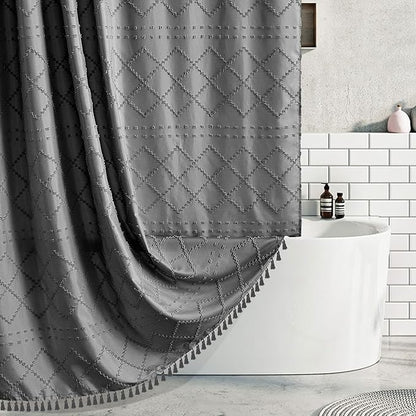 Boho Grey Shower Curtain Woven Fabric Shower Curtain 72 x 72 Tufted Chevron Striped Shabby Chic Textured, Modern Farmhouse Minimalist, Water Resistant Curtain Set for Bathroom, Hotel Decor