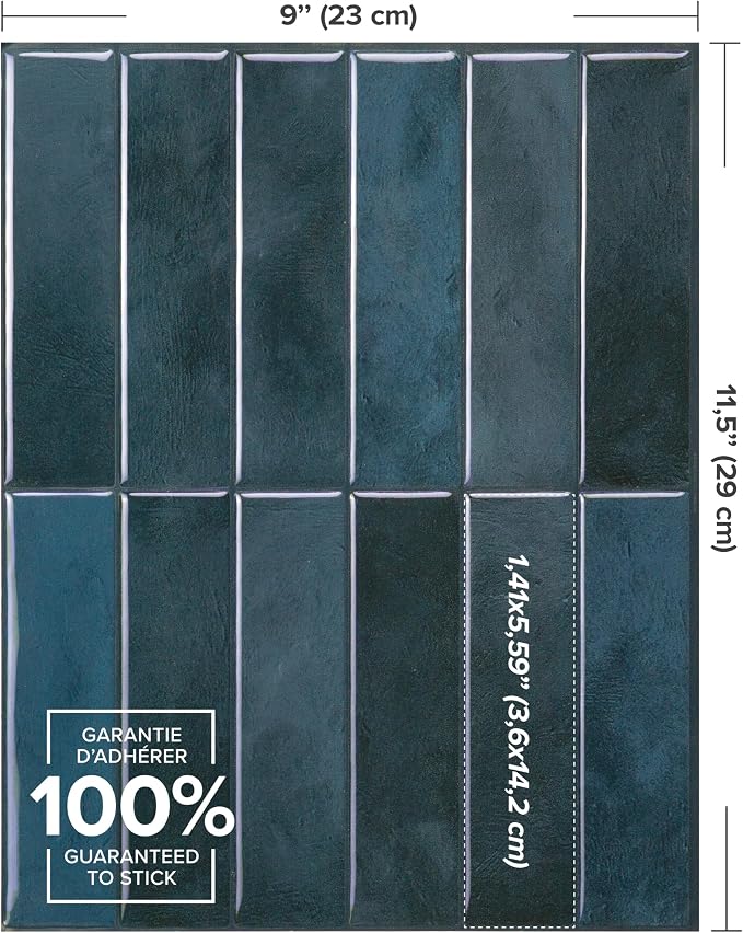 Smart Tiles Peel and Stick backsplash, Stacked Petrol Blue, 11.43"x9" | Pack of 5 (3.5 sq ft), Glossy, Heat/Moisture Resistant, Low VOC, Kitchen/Bathroom, Renter Friendly, Made in Canada