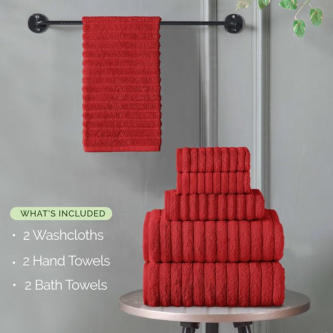 Elegant Comfort 100% Turkish Cotton Corduroy Ribbed Luxury Bath Towels 6-Piece Set, Premium Feel - Quick Dry, Highly Absorbent, Contains 2 Bath Towels, 2 Hand Towels, and 2 Washcloths, Red
