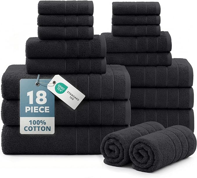 Casa Platino Towel Set Soft Absorbent Quick Dry 100% Cotton - Black | Towels And Washcloths Sets - Lightweight & Breathable, Fade-Resistant Color, Classic Terry Weave, Densely Woven