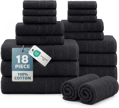 Casa Platino Towel Set Soft Absorbent Quick Dry 100% Cotton - Black | Towels And Washcloths Sets - Lightweight & Breathable, Fade-Resistant Color, Classic Terry Weave, Densely Woven