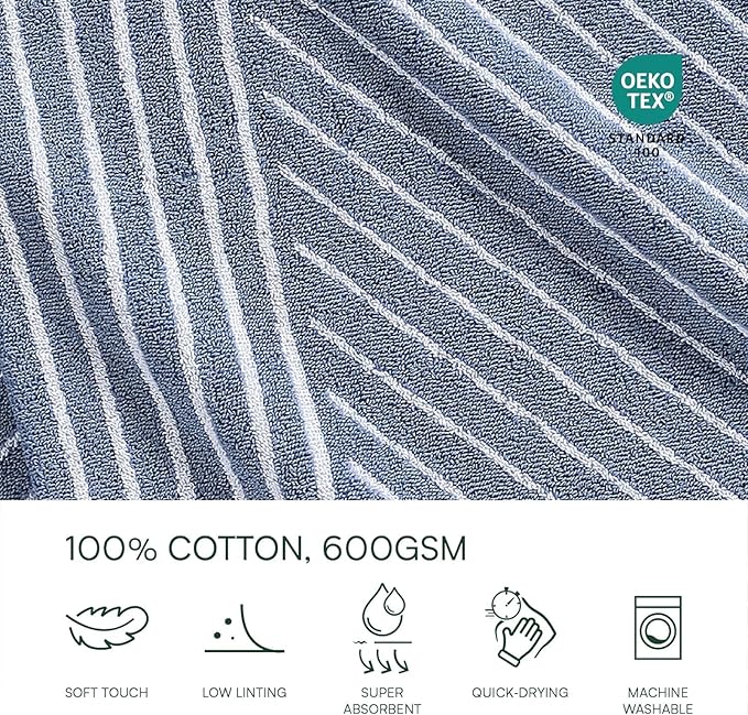 Lacoste Guethary Striped 6PC Towel Set – 100% Cotton, Reversible Design, Durable & Lightweight, Machine Washable – Denim, 2 Bath Towels (30"x54"), 2 Hand Towels (16"x30"), 2 Washcloths (13"x13")