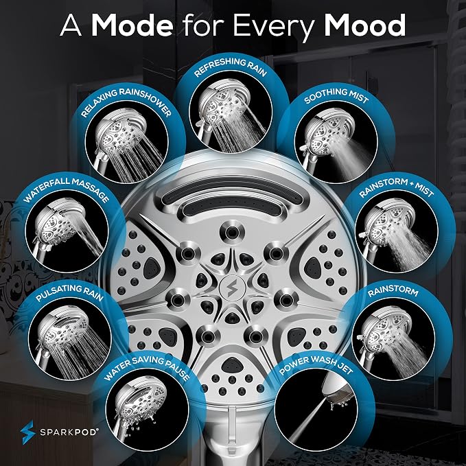 SparkPod 5 Inch 9 Spray Setting Handheld Shower Head - Water Saving Pause With On/Off Switch - Tool-Free 1-Min Install - Pulsating Rain Mode - Relaxing Rain Shower With Soothing Mist - Luxury Chrome