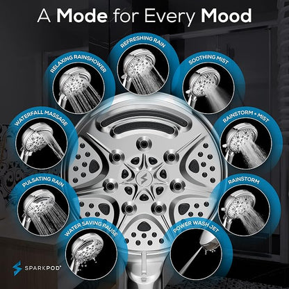 SparkPod 5 Inch 9 Spray Setting Handheld Shower Head - Water Saving Pause With On/Off Switch - Tool-Free 1-Min Install - Pulsating Rain Mode - Relaxing Rain Shower With Soothing Mist - Luxury Chrome