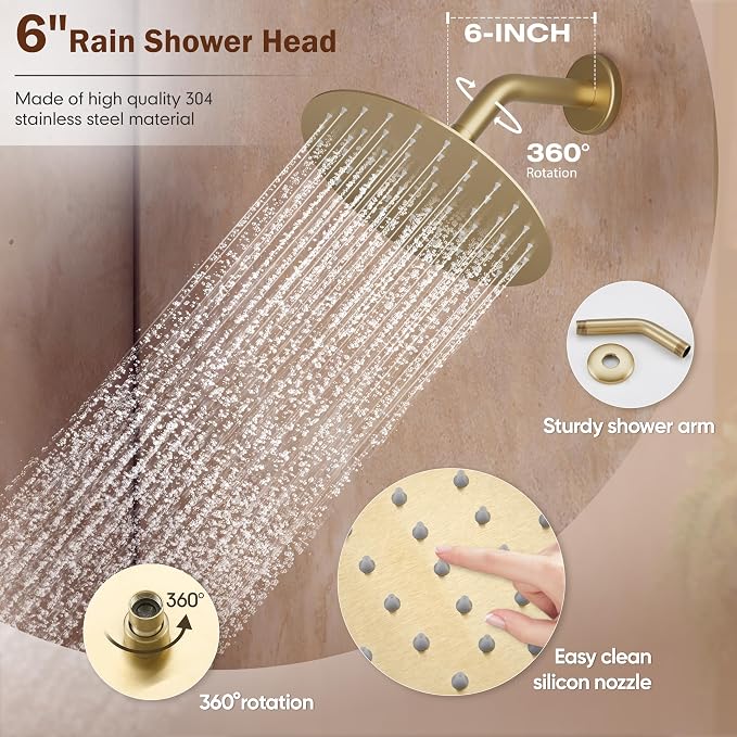 Tub Shower Faucet, Gold Shower Faucet Set with 6" Shower Head | All-Metal Bathroom Rainfall Showerhead and Bathtub Spout, Single-Handle Wall Mounted Tub Shower-Trim Kit Included Valve