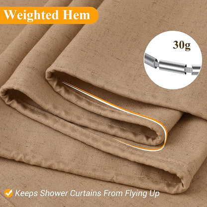 Camel Linen Shower Curtain, Country Boho Farmhouse Bath Decor Shower Curtains Neutral Cloth Weighted Textured Fabric Bath Curtain Liner with Hooks, 72x84
