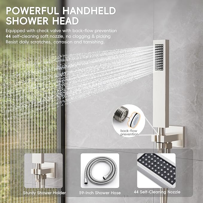 Alesco Shower Faucet Set, Brushed Nickel Shower System with 12-Inch High-Pressure Rainfall Showerheads and Handheld Spray combo, Showerfixture Include Valve and Trim Kit, Brushed Nickel