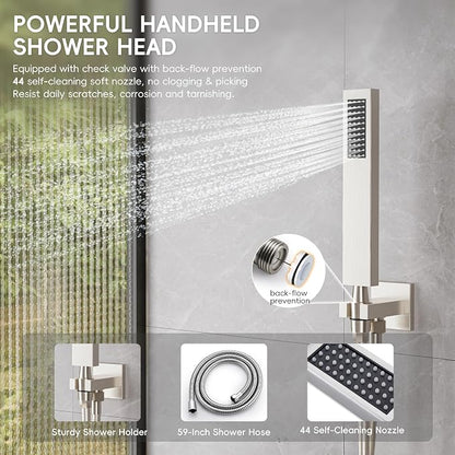 Alesco Shower Faucet Set, Brushed Nickel Shower System with 12-Inch High-Pressure Rainfall Showerheads and Handheld Spray combo, Showerfixture Include Valve and Trim Kit, Brushed Nickel