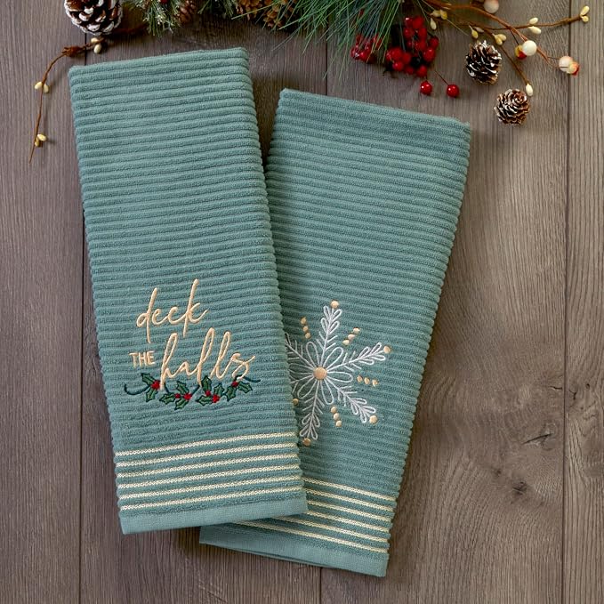 SKL Home Christmas Winter Snowflake Hand Towel Set, Green (2-Pack)