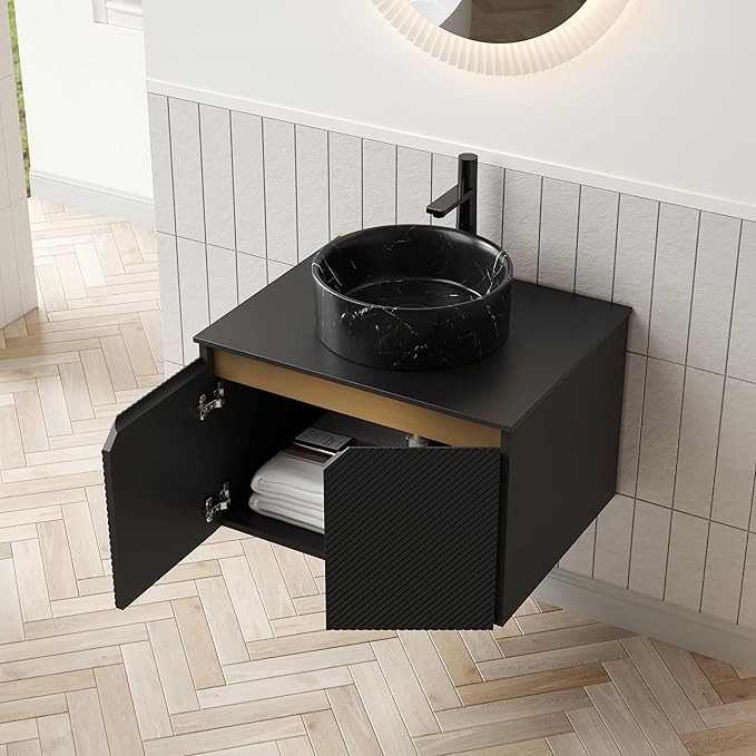 24 Inch Bathroom Vanity with Sink, Floating Fluted Vanity with Vessel Sink, Small Wall Mounted Bathroom Vanity Cabinet with 2 Doors, Black Round Ceramic Sink & Sintered Stone Top, Black