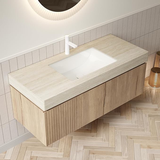 LKTART Floating 48 Inch Bathroom Vanity with Sink, Modern Plywood Wall Mounted Bathroom Storage Cabinet with 2 Doors and 1 Drawer, Roma Travertine-Pattern Sintered Stone Countertop and Ceramic Basins