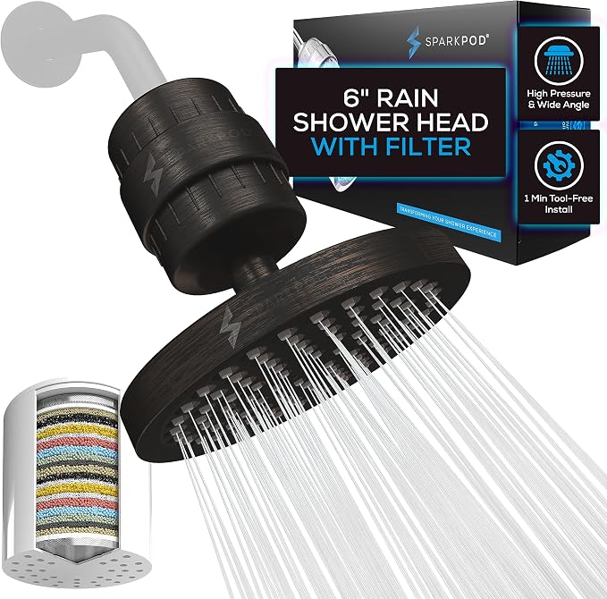 SparkPod Filtered Shower Head, 23-Stage, 6" Round, Oil-Rubbed Bronze | Showerhead for Hard Water, High Pressure, Reduces Chlorine, Heavy Metals, For Dry Skin & Hair, Removable Capsule Filter