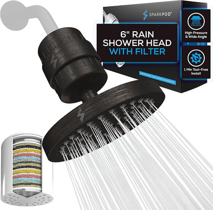 SparkPod Filtered Shower Head, 23-Stage, 6" Round, Oil-Rubbed Bronze | Showerhead for Hard Water, High Pressure, Reduces Chlorine, Heavy Metals, For Dry Skin & Hair, Removable Capsule Filter