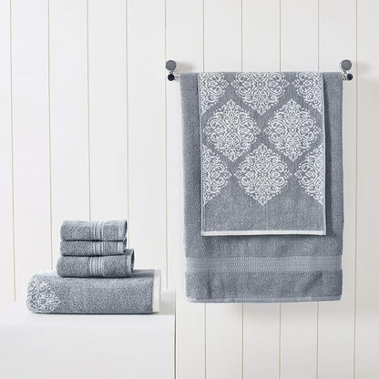 Modern Threads 6-Piece 100% Cotton Damask Medallion Towel Set, Blue | Highly Absorbent, Soft & Plush, Quick-Drying, 550 GSM, Color-Rich Yarn-Dyed Design, OEKO-TEX Certified