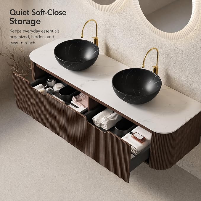 60 Inch Double Sink Bathroom Vanity, Floating Wall Mounted Cabinet, Dark Walnut Curved Fluted Front, Stone Top, Dual Black Marble Vessel Basins, Pre-Assembled