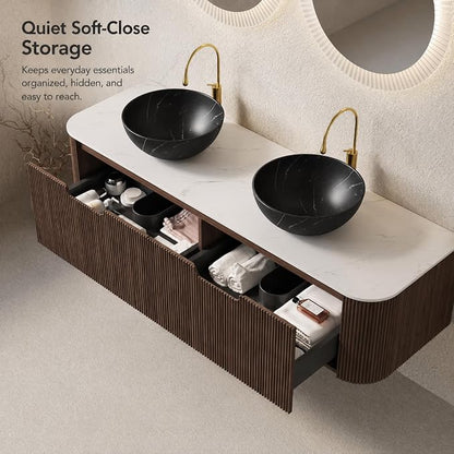 60 Inch Double Sink Bathroom Vanity, Floating Wall Mounted Cabinet, Dark Walnut Curved Fluted Front, Stone Top, Dual Black Marble Vessel Basins, Pre-Assembled