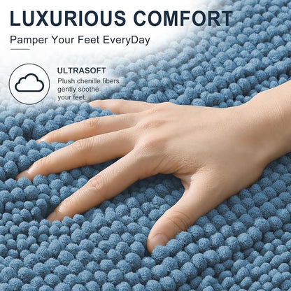 Smiry Thick Chenille Toilet Rugs U-Shaped 24x20, Soft Bath Mat, Airy Blue | Absorbent Striped Contour Bathroom Rugs, Machine Washable, Dry Quickly, Non‑Slip, Modern Home Decor Accessories