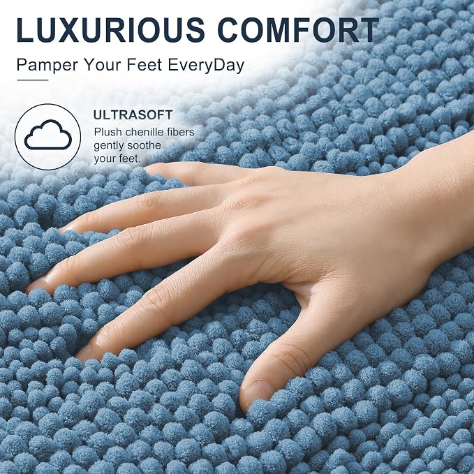Smiry Thick Chenille Bathroom Runner Rugs 47x24, Soft Bath Mat, Airy Blue | Quick‑Dry & Machine Washable, Non‑Slip Bath Carpet, Striped Bath Rugs for Tub & Shower, Modern Home Decor Accessories