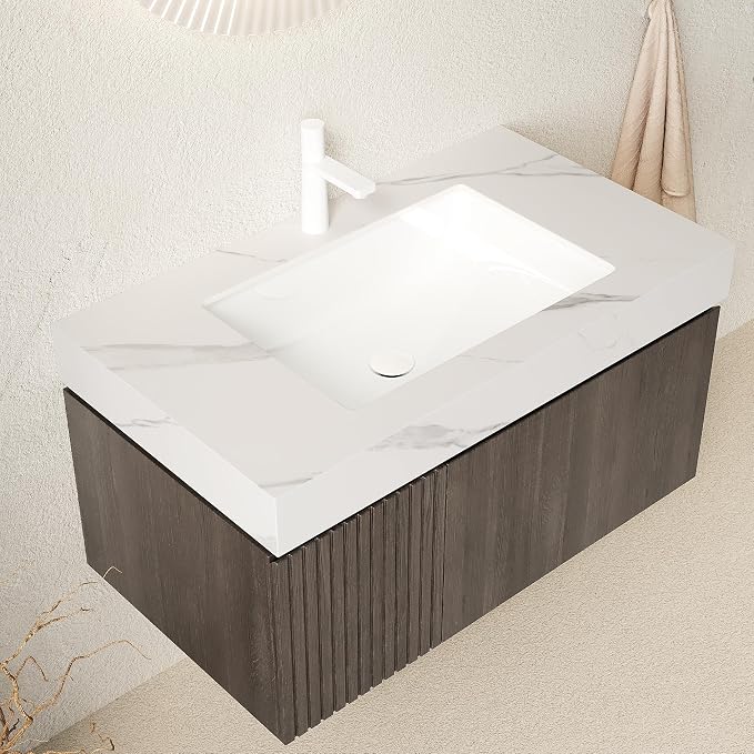 KEIKI 36 Inch Floating Bathroom Vanity with Sink, Espresso & White | Modern Wall Mounted Storage Cabinet w/ Drawer & Door, Pre-assembled Wood Panels, Sintered Stone Top & Ceramic Basin Combo Set