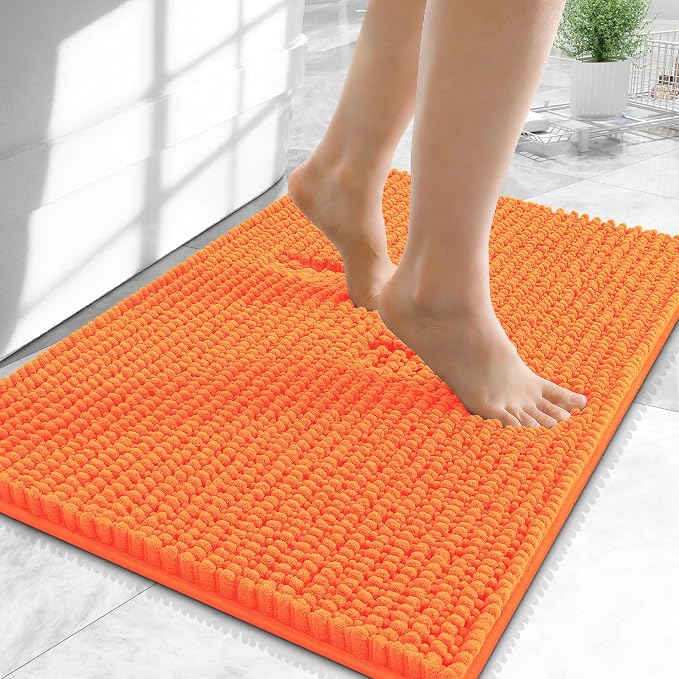 OLANLY Thick Chenille Small Bathroom Rugs 24x16, Absorbent Bath Mat, Orange | Soft Bath Rugs, Rubber Backing, Machine Wash Dry, Bath Mats for Bathroom, Tub and Shower, Home Decor Accessories
