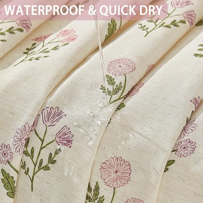 ORTIGIA Linen Textured Ruffle Shower Curtain 72x72 Inch with Metal Hooks, Vintage Pink Floral Flowers Block Print Boho Waterproof Bath Curtain for Rustic Farmhouse Bathroom Decor