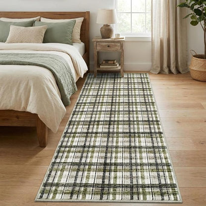 2x8 Runner Rug Bathroom Rugs Non Slip Machine Washable Hallway Rug Modern Soft Non-Shedding Kitchen Runners for Bathroom Bedroom Entryway Nursery, Green&Taupe